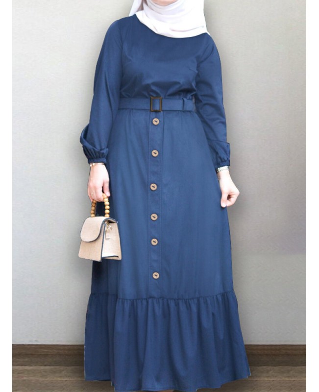 Women Ruffle Hem Solid Color Button Belted Casual Long Sleeve Maxi Dress - Black S