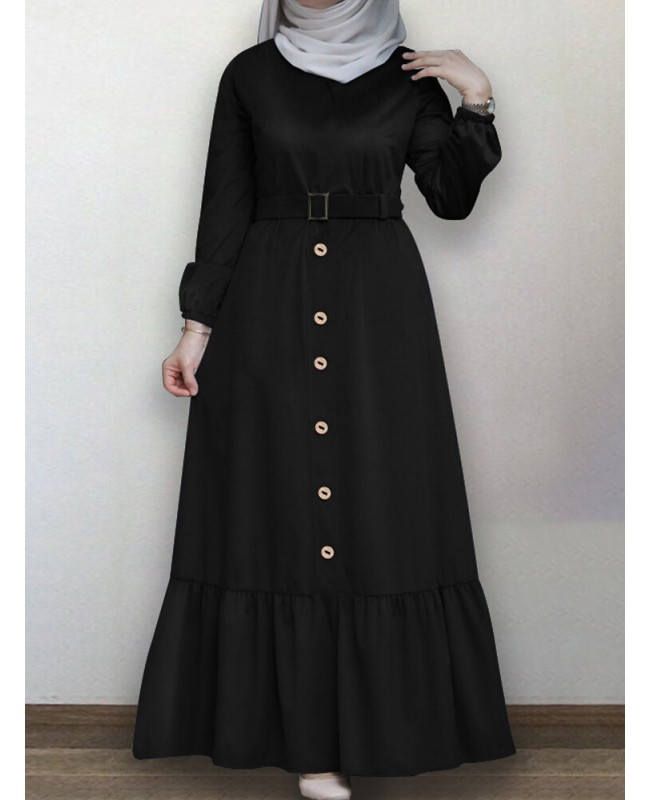 Women Ruffle Hem Solid Color Button Belted Casual Long Sleeve Maxi Dress - Black S