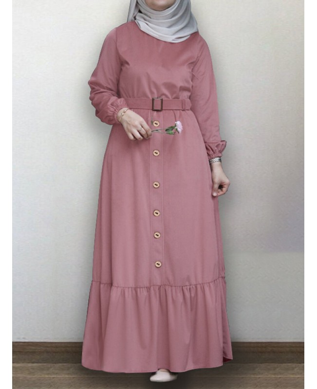 Women Ruffle Hem Solid Color Button Belted Casual Long Sleeve Maxi Dress - Black S