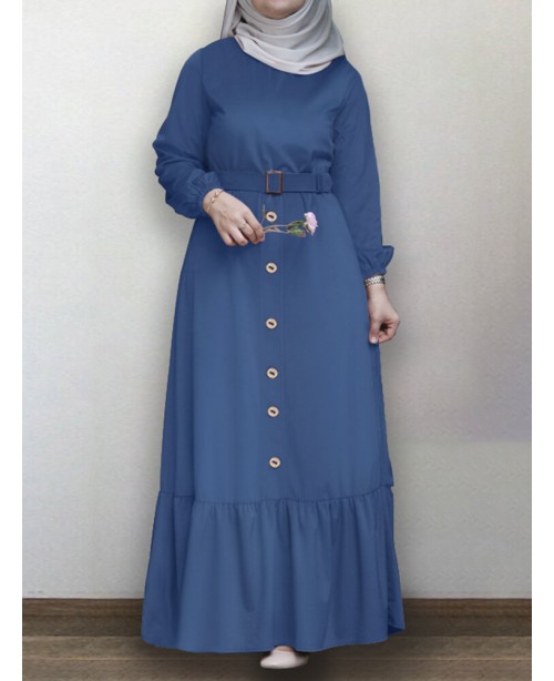 Women Ruffle Hem Solid Color Button Belted Casual ...