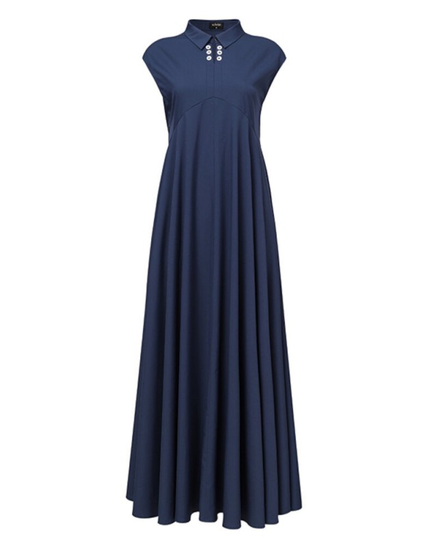 Women Pure Color Lapel Stylish Big Swing Casual Sleeveless Maxi Dresses - Black S