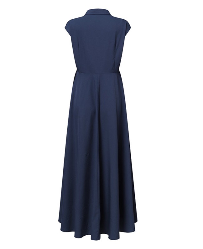 Women Pure Color Lapel Stylish Big Swing Casual Sleeveless Maxi Dresses - Black S