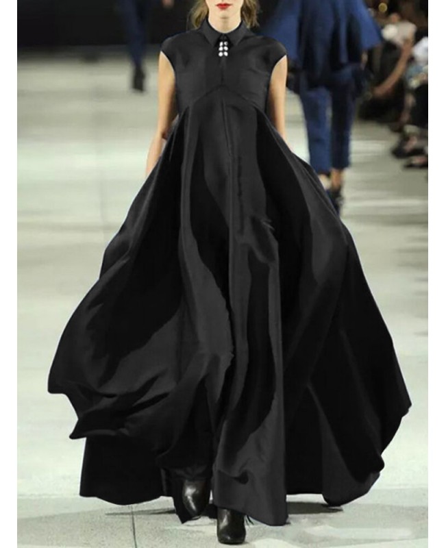 Women Pure Color Lapel Stylish Big Swing Casual Sleeveless Maxi Dresses - Black S