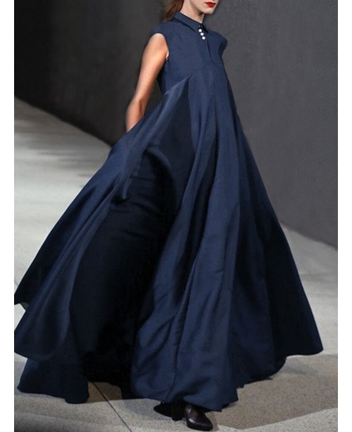 Women Pure Color Lapel Stylish Big Swing Casual Sl...