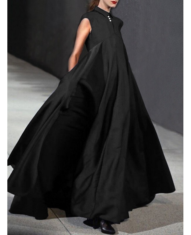 Women Pure Color Lapel Stylish Big Swing Casual Sleeveless Maxi Dresses - Black S