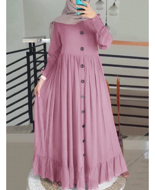 Women Solid Color Ruffles Hem Pleats Puff Sleeve M...