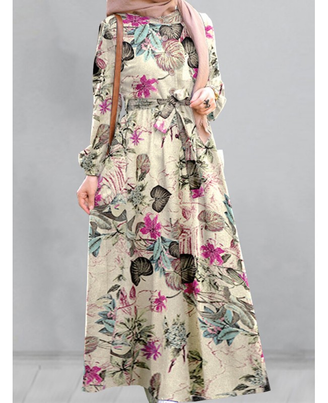 Women Cotton Floral Print Puff Sleeve Pleated Side Pockets Loose Robe Vintage Maxi Dress - Yellow S