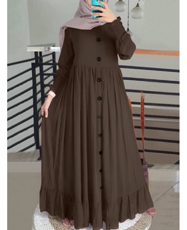 Women Solid Color Ruffles Hem Pleats Puff Sleeve Maxi Dress - Black S