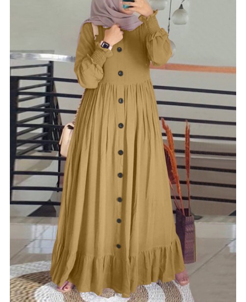 Women Solid Color Ruffles Hem Pleats Puff Sleeve M...