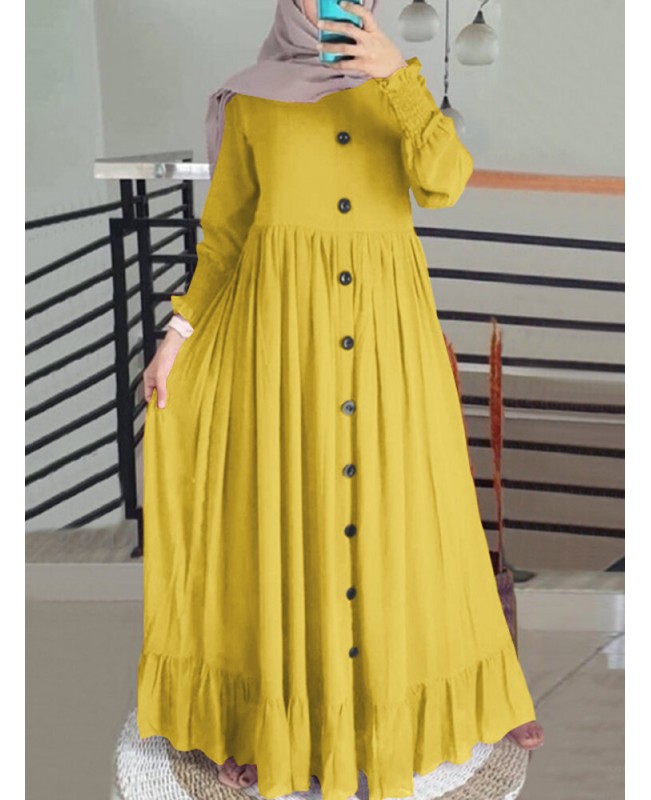 Women Solid Color Ruffles Hem Pleats Puff Sleeve Maxi Dress - Black S