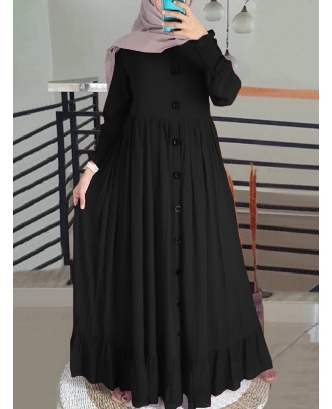Women Solid Color Ruffles Hem Pleats Puff Sleeve Maxi Dress - Black S