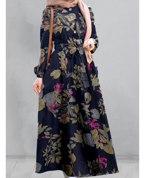 Women Cotton Floral Print Puff Sleeve Pleated Side...
