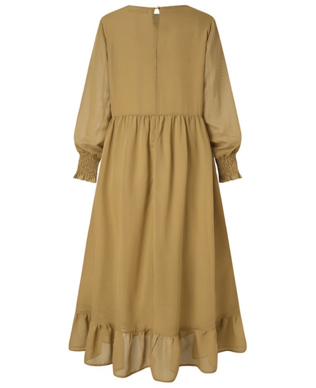 Women Solid Color Ruffles Hem Pleats Puff Sleeve Maxi Dress - Black S