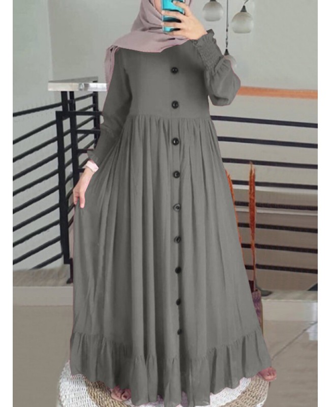 Women Solid Color Ruffles Hem Pleats Puff Sleeve Maxi Dress - Black S