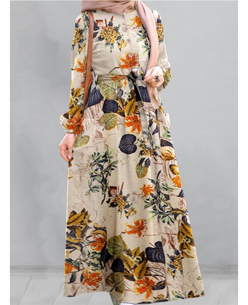 Women Cotton Floral Print Puff Sleeve Pleated Side...