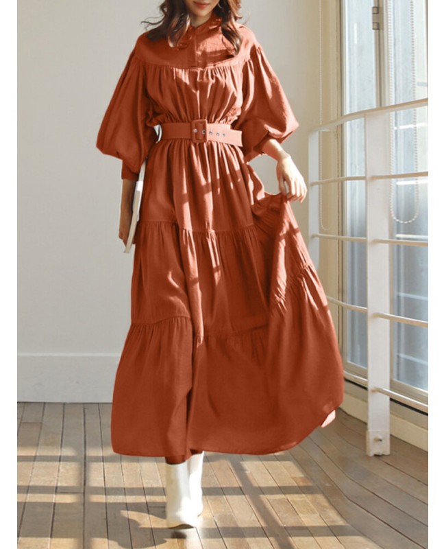 Solid Color Stand Collar Puff Sleeve Belted Pleated Shirt Maxi Dress - blue S