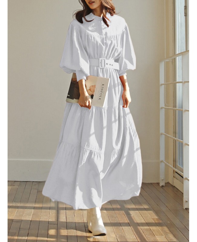 Solid Color Stand Collar Puff Sleeve Belted Pleated Shirt Maxi Dress - blue S