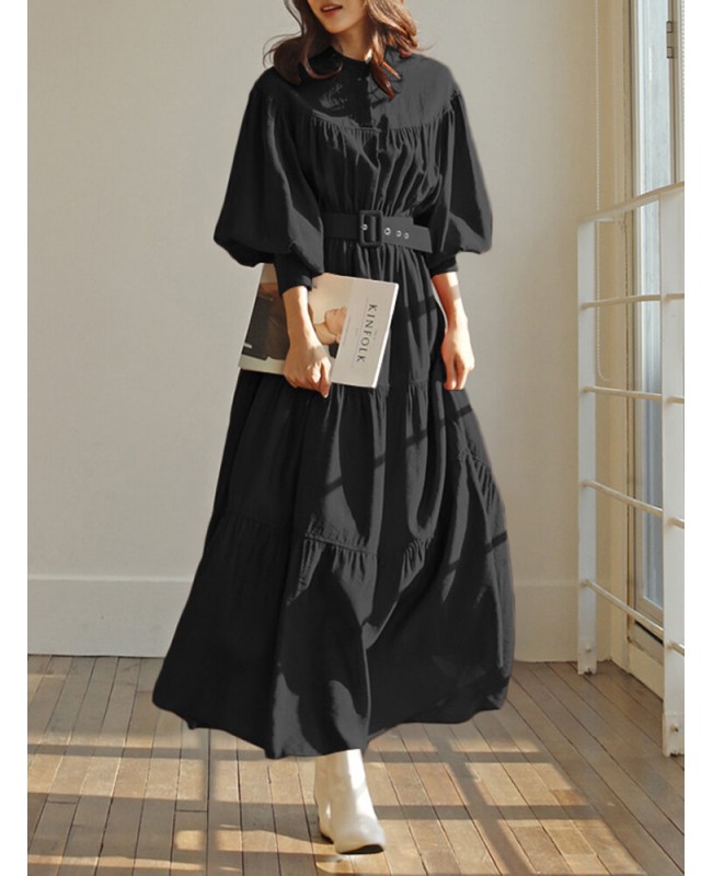 Solid Color Stand Collar Puff Sleeve Belted Pleated Shirt Maxi Dress - blue S