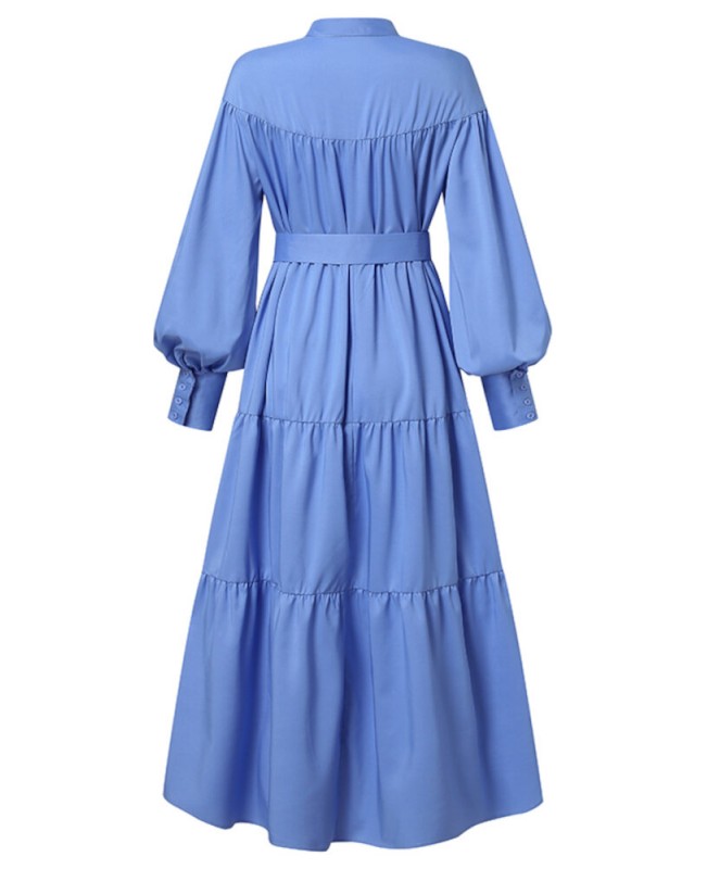 Solid Color Stand Collar Puff Sleeve Belted Pleated Shirt Maxi Dress - blue S