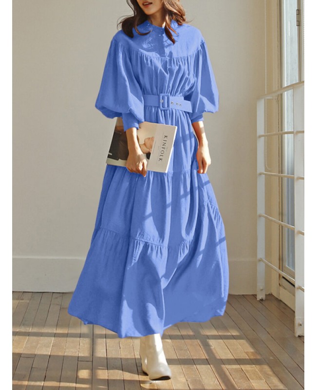 Solid Color Stand Collar Puff Sleeve Belted Pleated Shirt Maxi Dress - blue S