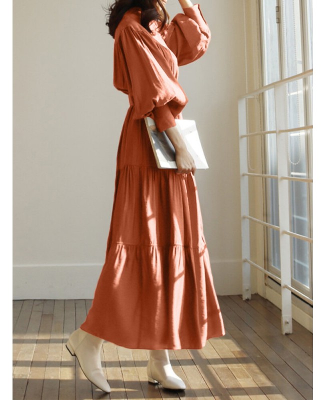 Solid Color Stand Collar Puff Sleeve Belted Pleated Shirt Maxi Dress - blue S