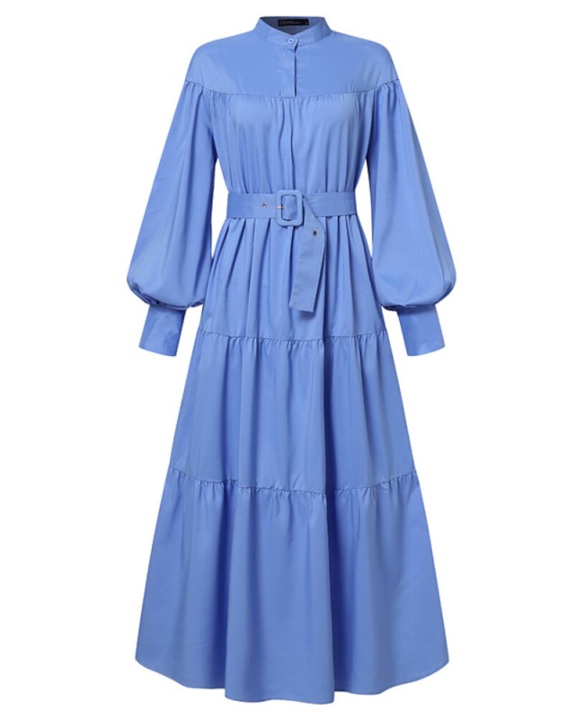 Solid Color Stand Collar Puff Sleeve Belted Pleated Shirt Maxi Dress - blue S