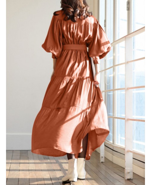Solid Color Stand Collar Puff Sleeve Belted Pleate...