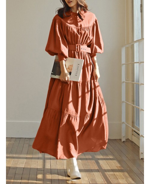 Solid Color Stand Collar Puff Sleeve Belted Pleate...