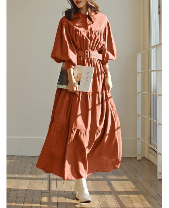 Solid Color Stand Collar Puff Sleeve Belted Pleated Shirt Maxi Dress - blue S