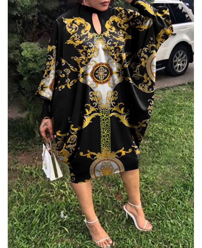 Tribal Pattern Hole Loose Crew Neck Long Sleeve Dress - Black S