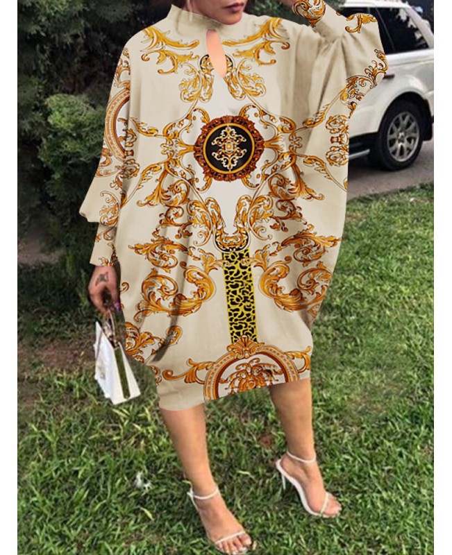 Tribal Pattern Hole Loose Crew Neck Long Sleeve Dress - Black S