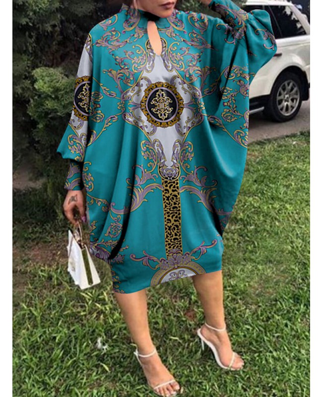 Tribal Pattern Hole Loose Crew Neck Long Sleeve Dress - Black S