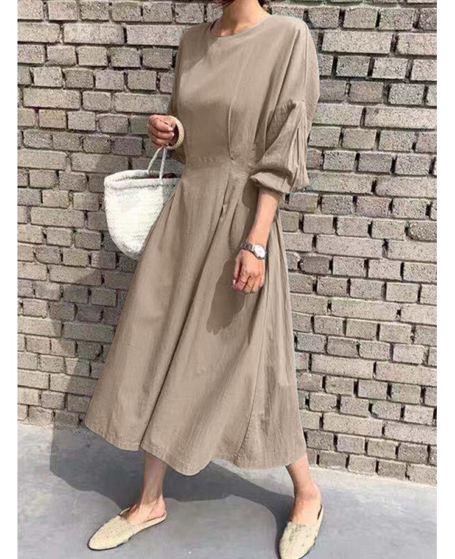 Solid Back Tie Crew Neck Lantern Long Sleeve Casual Dress - Green 3XL