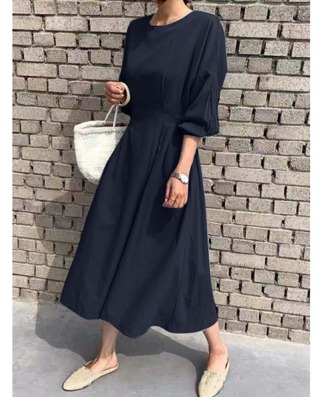 Solid Back Tie Crew Neck Lantern Long Sleeve Casual Dress - Green 3XL