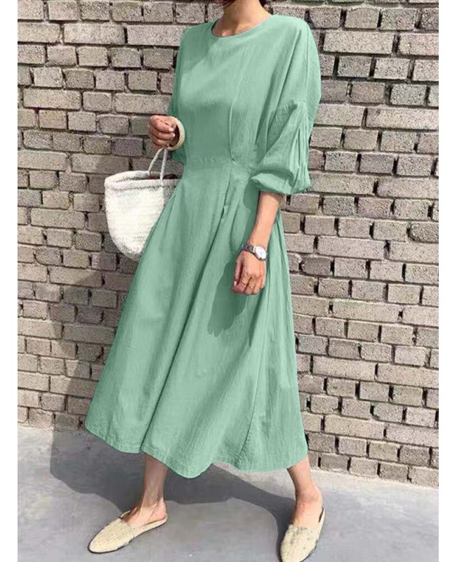 Solid Back Tie Crew Neck Lantern Long Sleeve Casual Dress - Green 3XL