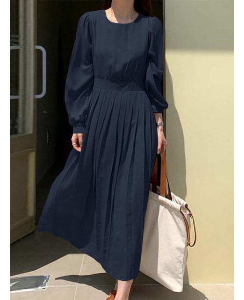 Solid Puff Sleeve Pleated Crew Neck Casual Dress -...