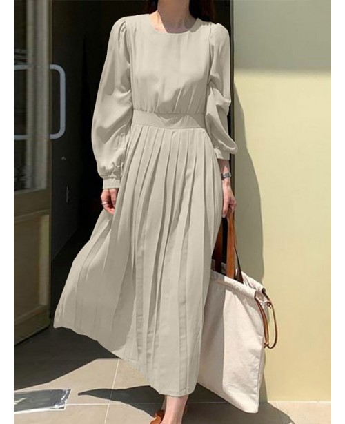 Solid Puff Sleeve Pleated Crew Neck Casual Dress -...