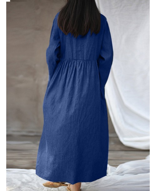 Solid Long Sleeve Crew Neck Pocket Denim Dress - N...