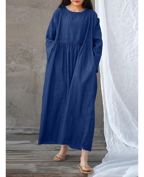 Solid Long Sleeve Crew Neck Pocket Denim Dress - N...