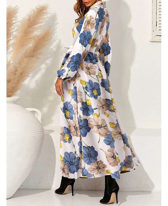 Cottagecore Flower Print Sash Lettuce-Edge Long Sleeve Maxi Dress - White L