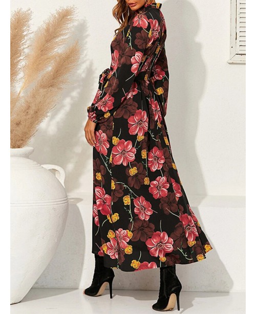 Cottagecore Flower Print Sash Lettuce-Edge Long Sl...