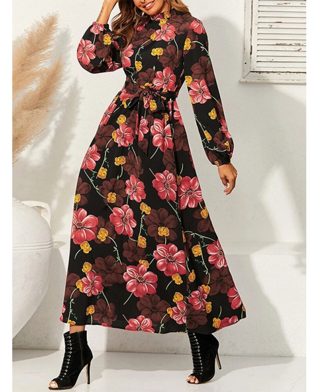 Cottagecore Flower Print Sash Lettuce-Edge Long Sleeve Maxi Dress - White L