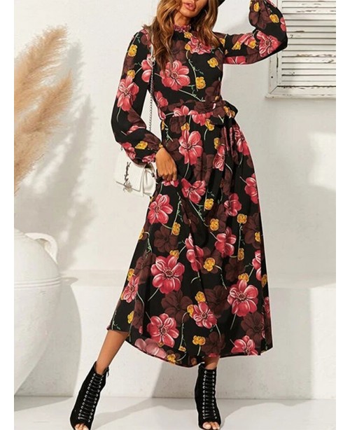 Cottagecore Flower Print Sash Lettuce-Edge Long Sl...