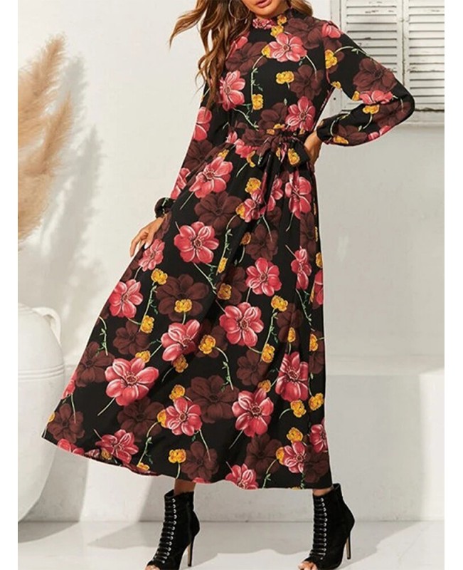 Cottagecore Flower Print Sash Lettuce-Edge Long Sleeve Maxi Dress - White L