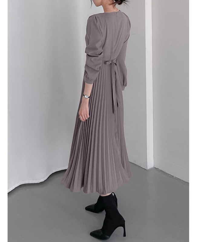 Solor Long Sleeve Round Neck Pleated Elegant Dress With Belt - khaki 3XL