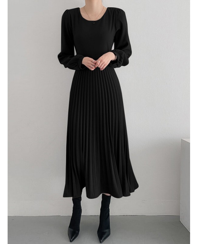 Solor Long Sleeve Round Neck Pleated Elegant Dress With Belt - khaki 3XL