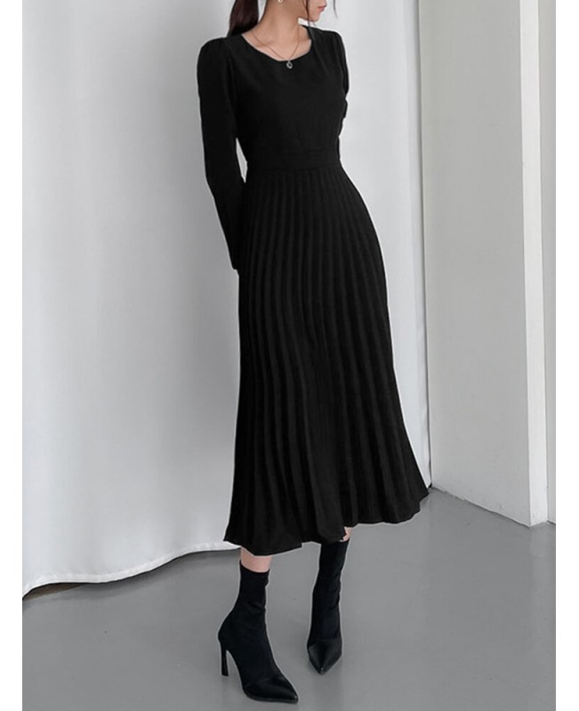 Solor Long Sleeve Round Neck Pleated Elegant Dress With Belt - khaki 3XL