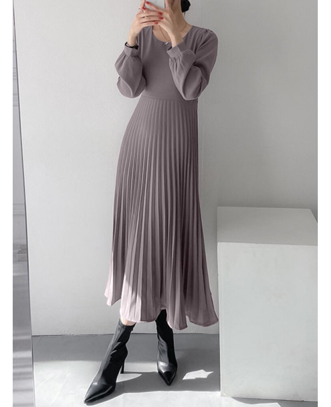 Solor Long Sleeve Round Neck Pleated Elegant Dress With Belt - khaki 3XL