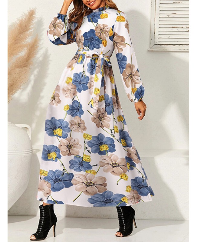 Cottagecore Flower Print Sash Lettuce-Edge Long Sleeve Maxi Dress - White L