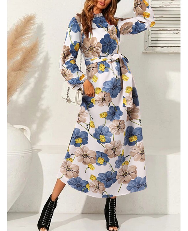 Cottagecore Flower Print Sash Lettuce-Edge Long Sleeve Maxi Dress - White L